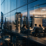 workers in boardroom visible through the window of a high-rise building