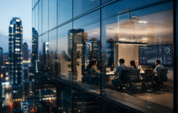 workers in boardroom visible through the window of a high-rise building