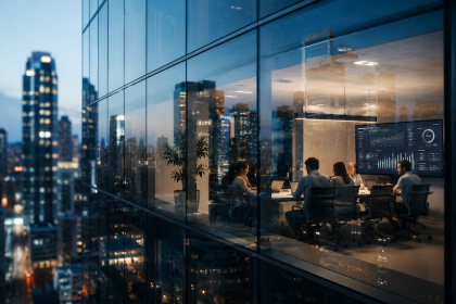 workers in boardroom visible through the window of a high-rise building