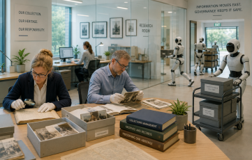 People working while bots walk away with assets around them