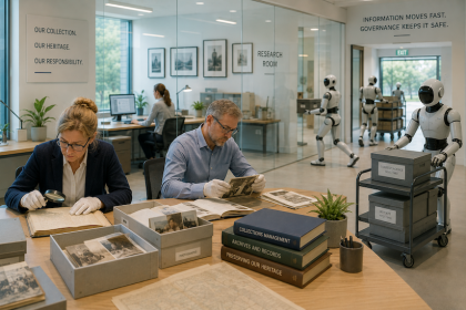 People working while bots walk away with assets around them