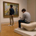 Person not touching artwork on the wall, but obliviously sitting on another art work