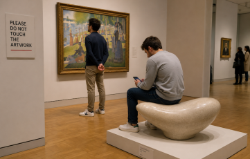 Person not touching artwork on the wall, but obliviously sitting on another art work