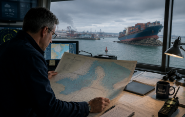 Navigator looking at at a map trying to understand what he sees in front of him