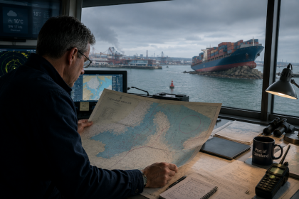 Navigator looking at at a map trying to understand what he sees in front of him