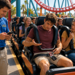 Roller coaster rider with loose belt while attendant looks at his phone
