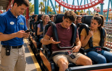Roller coaster rider with loose belt while attendant looks at his phone