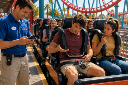 Roller coaster rider with loose belt while attendant looks at his phone