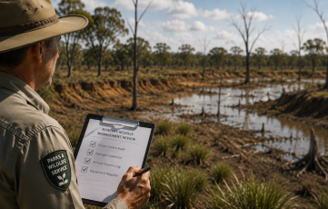Ranger studying wildlife assets while ticking off corporate assets