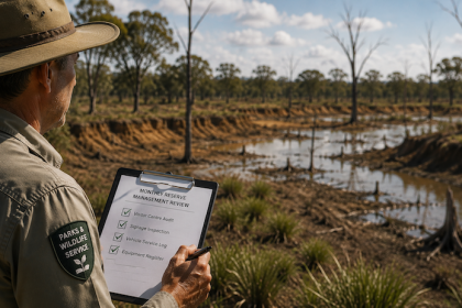 Ranger studying wildlife assets while ticking off corporate assets
