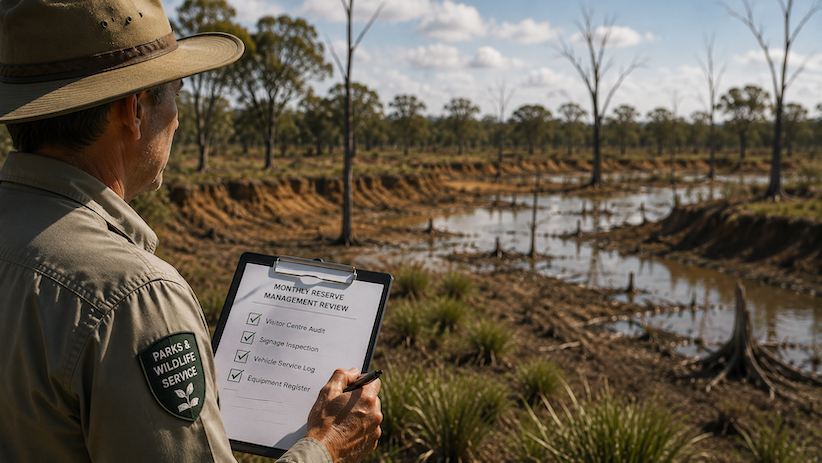 Ranger studying wildlife assets while ticking off corporate assets