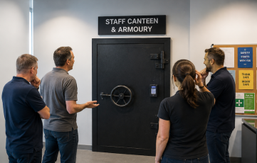 Staff looking confused outside a door to armoury and staff canteen