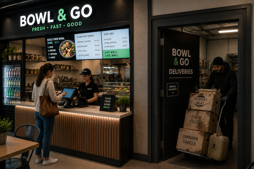 A fresh food outlet is taking a delivery of dubious looking food